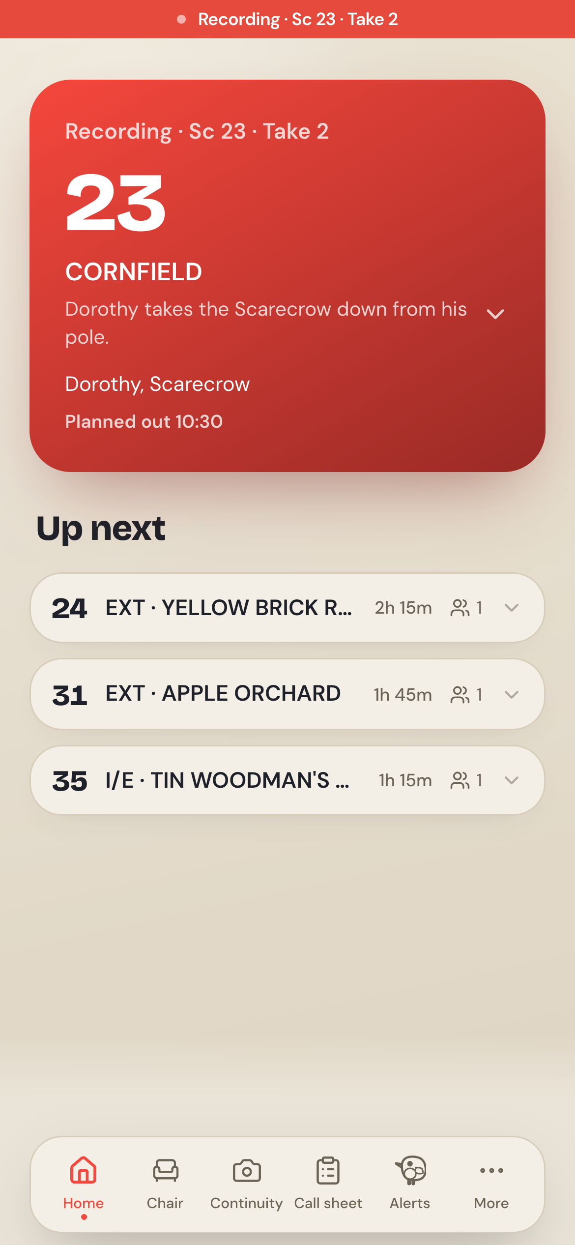 Crew Today view while rolling: the now-card is red
