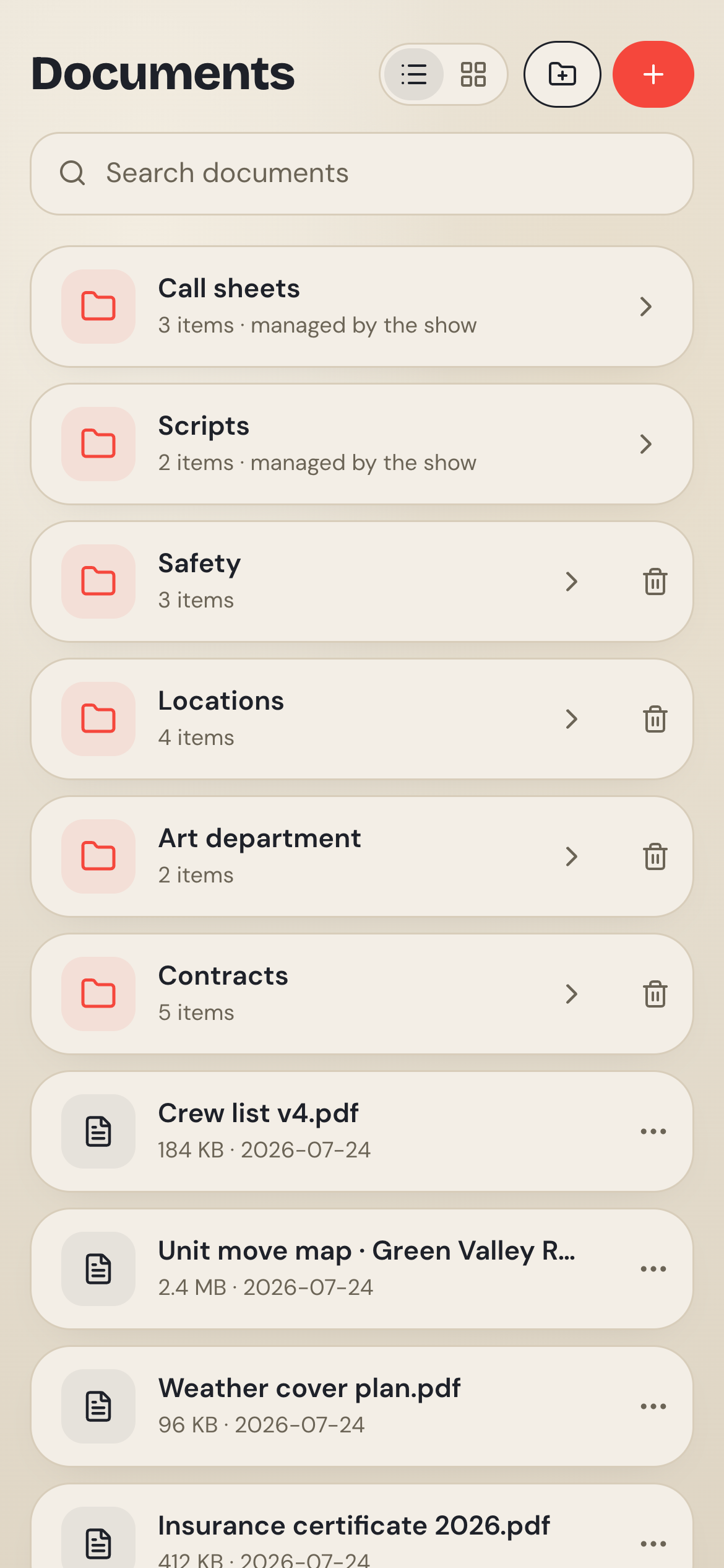 The Documents tab: system folders for call sheets and scripts, the show's own folders, and loose files